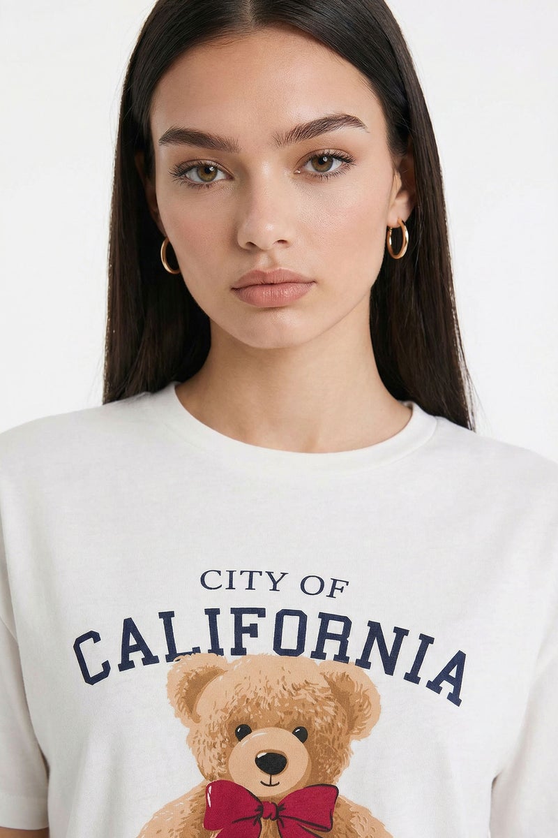 DeFacto Blue Woman Regular Fit Teddy Bear Print Top Bottom 2 Piece Pajama Set Casual - Image 3